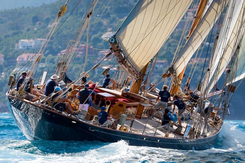 Walkie-talking on Mariette - Régates Royales Cannes - Trophée Panerai photo copyright Guido Cantini / Panerai taken at Yacht Club de Cannes and featuring the Classic Yachts class