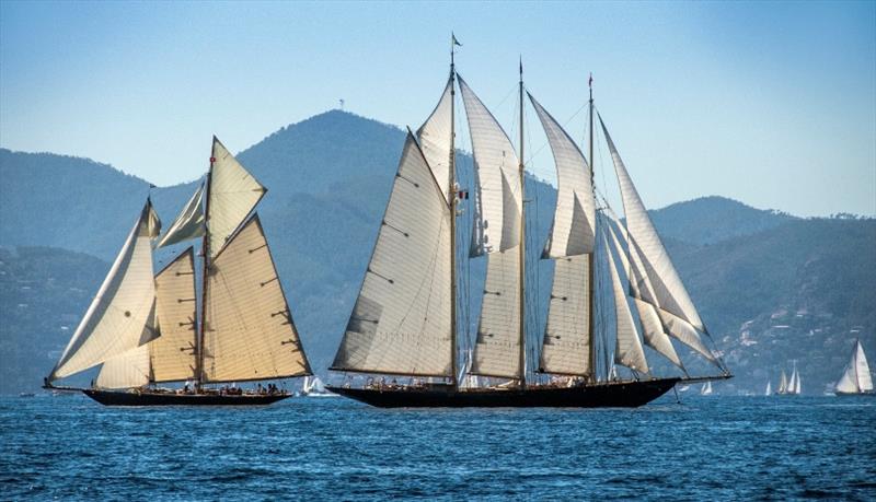 Mariette of 1905 with the recreated three masted-schooner Atlantic photo copyright Francesco e Roberta Rastrelli / Blue Passion 2018 taken at Yacht Club Capri and featuring the Classic Yachts class