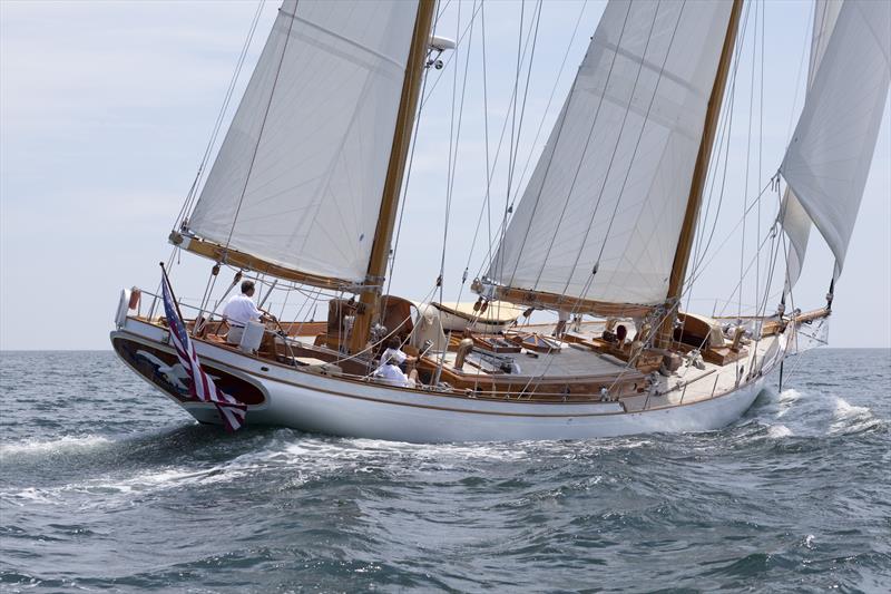 The 105' Whitehawk, entered in the 2019 Bell's Beer Bayview Mackinac Race, is making her way from Newport, R.I., where for many years she has been a familiar sight among other traditionally designed sailing megayachts, to the Great Lakes where such lines  photo copyright Billy Black taken at Bayview Yacht Club and featuring the Classic Yachts class