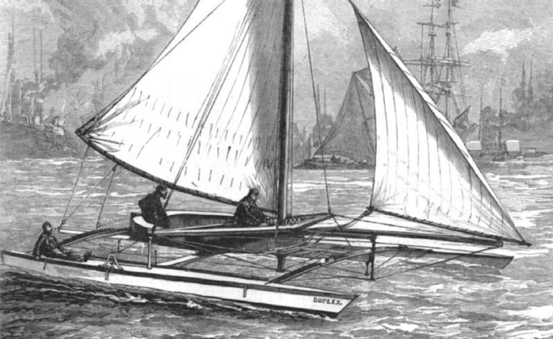 75 years before the cat scene really took off, Nathaniel Herreshoff demonstrated his Duplex catamaran on the Thames. This was still the era of heavy, deep-keeled yachts, which could not hope to compete, so they took the easy route and banned it photo copyright Herreshoff Collection taken at  and featuring the Classic Yachts class