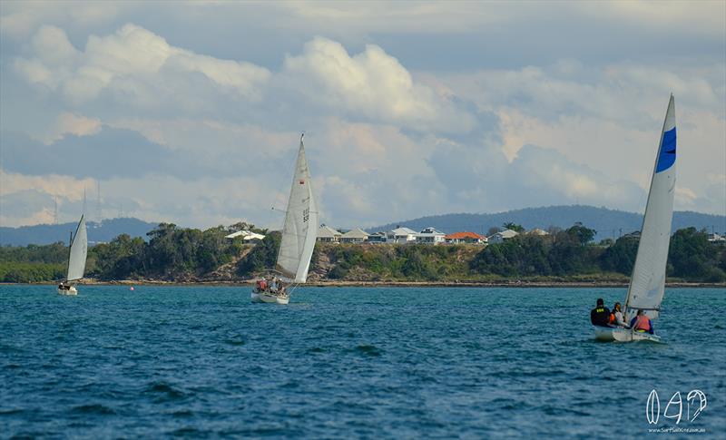 Reach to the turning buoy with beautiful Shorncliffe behind - Vintage Yacht Regatta photo copyright Mitch Pearson / Surf Sail Kite taken at Queensland Cruising Yacht Club and featuring the Classic Yachts class