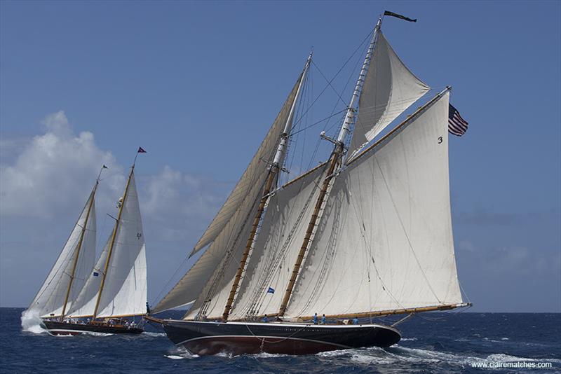 Schooners Aschanti and Columbia hotly competing - 2022 Antigua Classic Yacht Regatta - photo © Claire Matches / www.clairematches.com