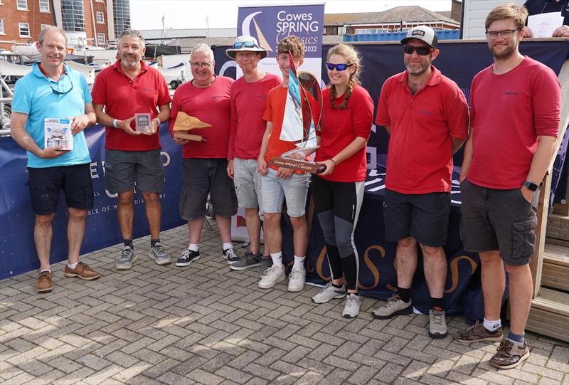 The crew of Whooper with their prizes at Cowes Spring Classics 2022 photo copyright Chris Brown Photography taken at Cowes Corinthian Yacht Club and featuring the Classic Yachts class