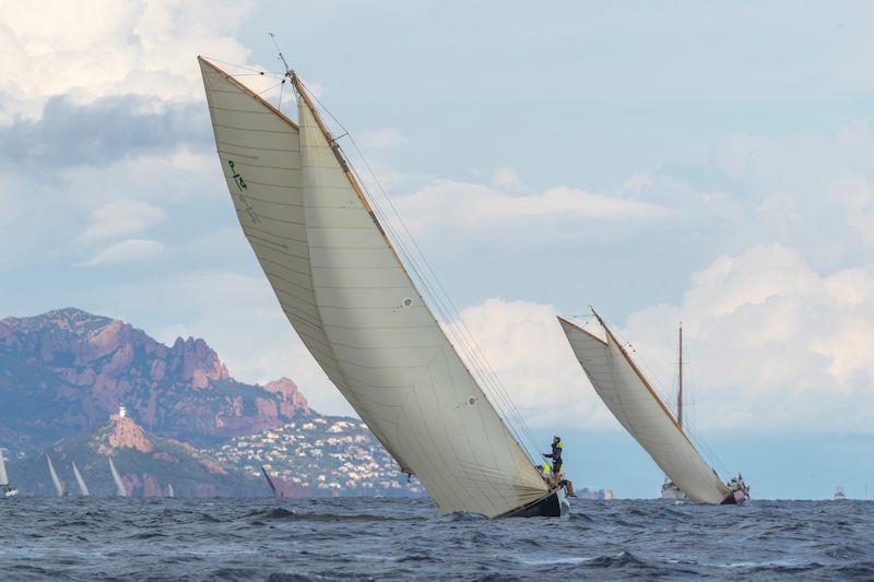 P class yachts - The Sunday race connecting Cannes and Saint Tropez always heralds the start of the fortnight of festivities at Les Voiles de Saint-Tropez photo copyright Gilles Martin-Raget / www.martin-raget.com taken at Société Nautique de Saint-Tropez and featuring the Classic Yachts class