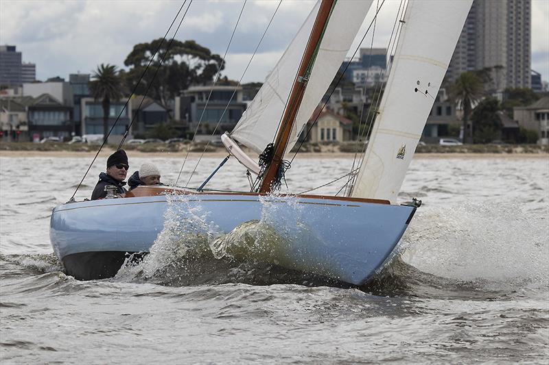 George Low, skippering Snow Goose had a first in race one and a third in race two of Div 2 photo copyright A. J. McKinnon taken at Royal Yacht Club of Victoria and featuring the Classic Yachts class