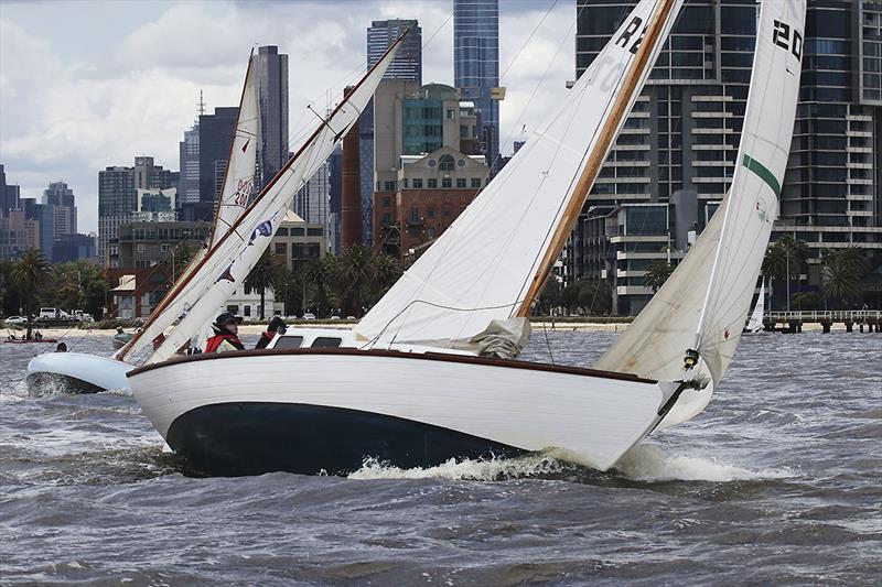 Jedda skippered by David Baskett second in race one and a third in race two photo copyright A. J. McKinnon taken at Royal Yacht Club of Victoria and featuring the Classic Yachts class