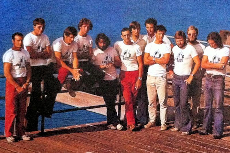 Pen Duick VI Crew (L-R): Éric Tabarly, Patrick Phelipon, Jean-Philippe Chaboud, Pierre Montsaingeon, Beranard Rubinstein, Patrick Tabarly; Marc Pajot, Antoine Croyere, Patrick Meulemeester, Jean-Pierre Dagues, Pierre Leboutet, Olivier de Kersauson - photo © Patrick Phelipon