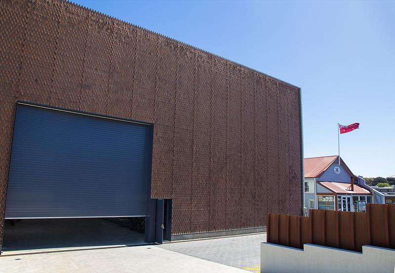Industrial art installation - the dry stacker at The Wooden Boatshop - each little panel is like a scale of a fish and moves in the breeze - photo © John Curnow