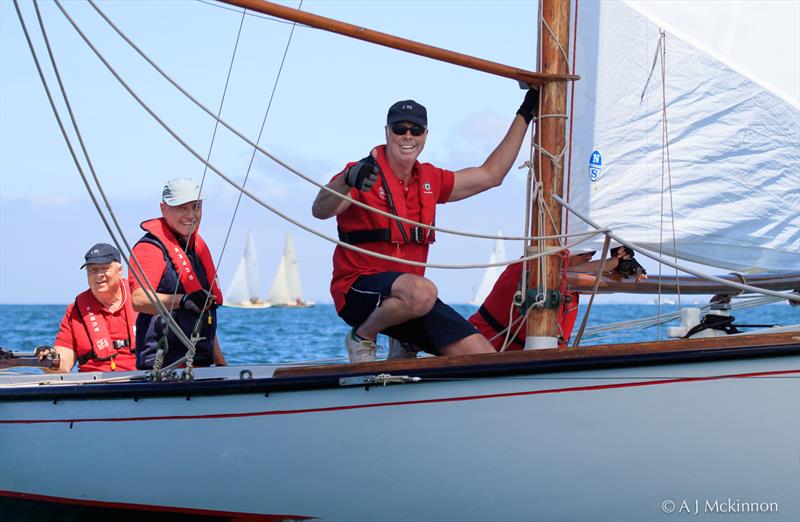 All smiles aboard Joan photo copyright A.J. McKinnon taken at Royal Yacht Club of Victoria and featuring the Classic Yachts class