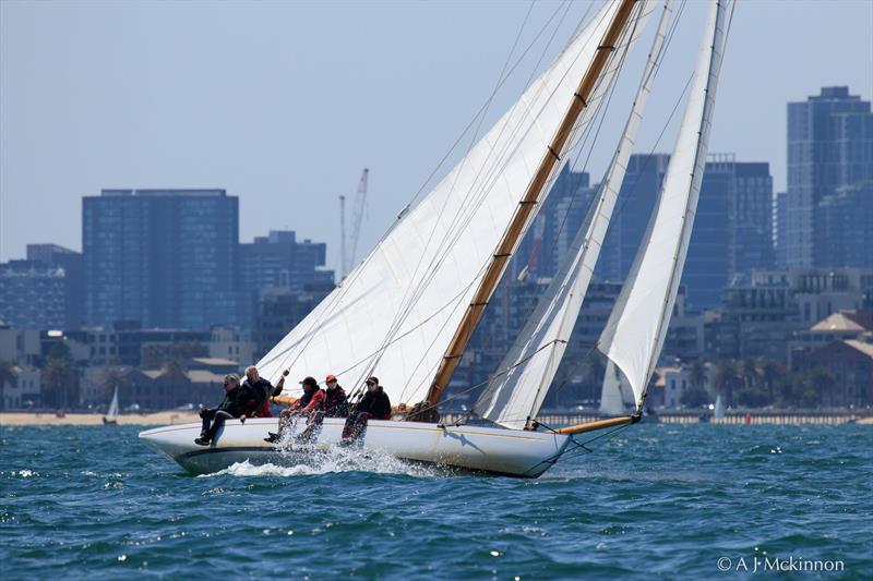 The beautiful Acrospire III, skippered by Col Anderson enjoying the sunshine in front of the Melbourne skyline - photo © A.J. McKinnon