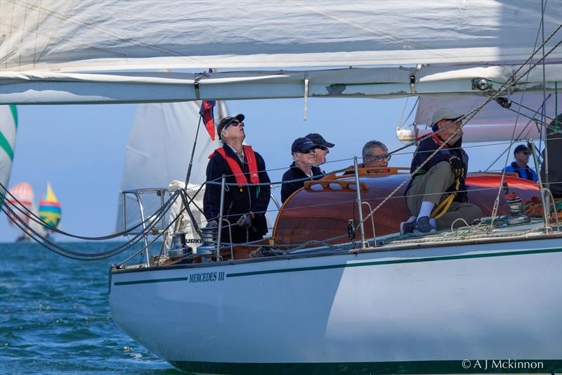 Mercedes III, skippered by Martin Ryan, is currently in second position in Division 1 photo copyright A.J. McKinnon taken at Royal Yacht Club of Victoria and featuring the Classic Yachts class