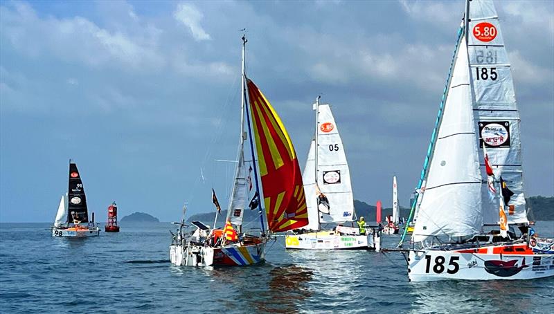 33 degrees, 5-10 knots, lots of shipping and a drifting start to a 7400 mile leg! weighed down with around 200 liters of water...not fast yet! but excited to be underway in their Mighty ALMA Globe 580 Mini's - photo © Don McIntyre / MGR2025