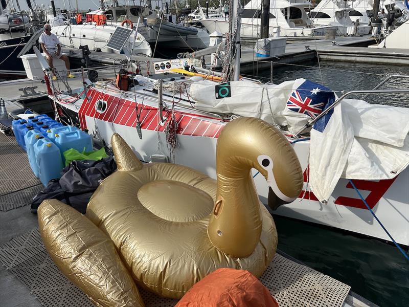 Aussie Father and son team Mike Blenkinsop ( #99 Delja99 ), AKA Popeye & John Blenkinsop (#100 DELJA 100 ) are still in Panama hoping to set sail finally tomorrow or saturday! That may look like a giant swan …but it is John's tender - photo © Don McIntyre / MGR2025
