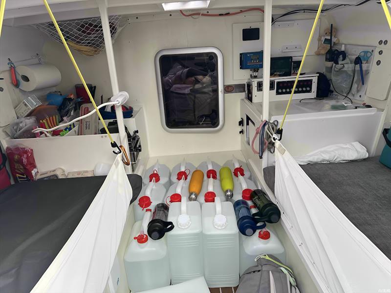 Pilar Pasanau with around 200 ltrs of water…All 580's are around 1.3 – 1.4 Tonne for this leg, heavy for a 19ft/5.8mtr MIni! A POGO Class Mini 650 is around 900KG with three or four times the sail area Flying across the Atlantic! Pilar has done that too! - photo © Don McIntyre / MGR2025