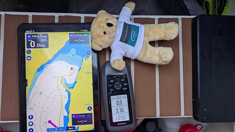 Pilar Pasanau (#98 Peter Punk / ESP) arrival photo: all entrants must take a photo of their chartplotter/GPS ( with SITraN teddy!) once they drop anchor to start the clock for their 8 day pit-stop photo copyright Pilar Pasanau / MGR taken at  and featuring the Class Mini 5.80 class