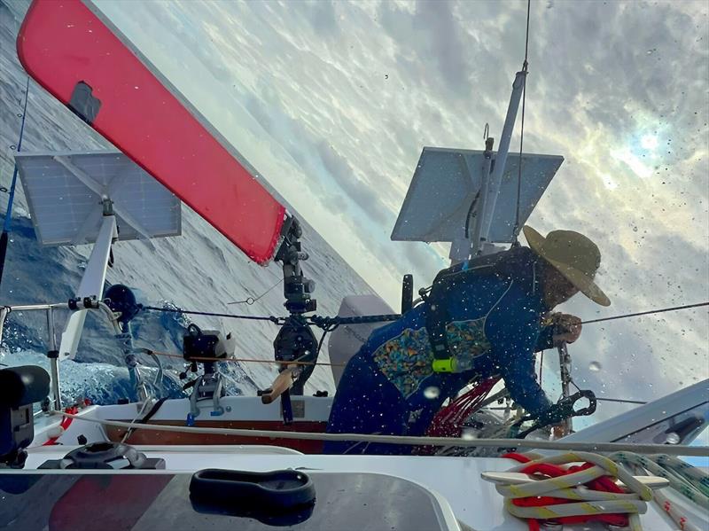 John Blenkinsop (DELJA100) sailing in 30kts and setting up to test his drouge for iminent heavy weather forecast... - photo © John Blenkinsop / MGR2025