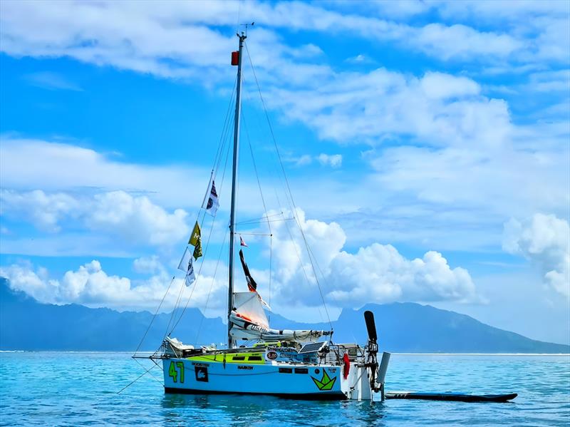 Keri Harris enjoying the serenity for a few days in Papeete lagoon. Listen to the video interview for fascinating insights to his adventure! - photo © Keri Harris / MGR2025
