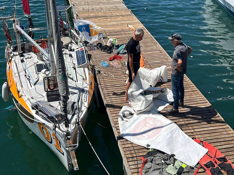 Trekka's mainsail blew out in strong winds after approaching the Harbour entrance! 80 days in the sun does not help and many entrants are now continuously patching sails - photo © Don McIntyre / MGR2025