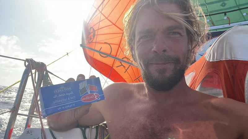Christian's nightly ritual at sea: a cup of Bois Chéri tea — his Mauritian comfort and “wellness fuel” on the long run from Mauritius to Recife, now down to the last precious sips - photo © Christian Sauer / MGR2025