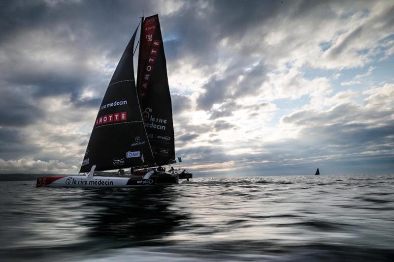 La Rire Medecin Lamotte arrives into Cherbourg-en-Cotentin, the winner of the Ocean Fifty class - 50th Rolex Fastnet Race 2023 photo copyright Paul Wyeth / pwpictures.com taken at Royal Ocean Racing Club and featuring the OCEAN50 class