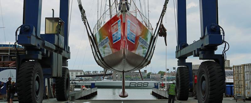 Sanya Serenity Coast Clipper is lowered into the water ahead of the Clipper 2017-18 Race photo copyright Clipper Ventures taken at  and featuring the Clipper 70 class