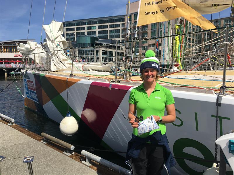 Nikki Henderson, skipper of Visit Seattle in the 2017/2018 edition of the Clipper Round The World Yacht Race, rocks Seatte Seahawk's colors while visiting the Emerald City photo copyright David Schmidt taken at Seattle Yacht Club and featuring the Clipper 70 class
