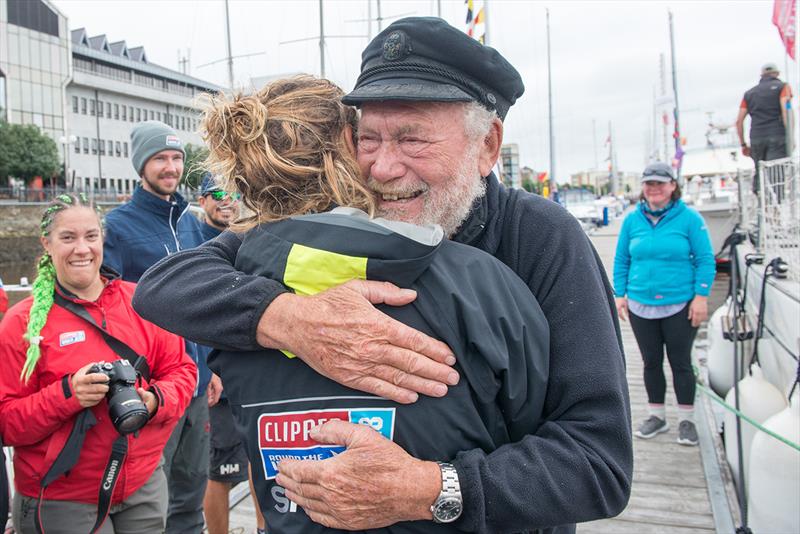Clipper 2017-18 Round the World Yacht Race - Sir Robin congratulates Visit Seattle Skipper Nikki Henderson photo copyright Martin McKeown taken at  and featuring the Clipper 70 class