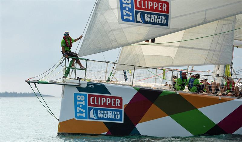 Simon on the bow of Clipper 70 Visit Seattle - Clipper Round the World Yacht Race photo copyright Olli Geibel taken at  and featuring the Clipper 70 class