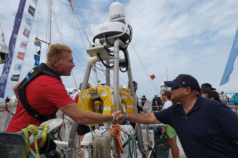 Clipper Race - Vance Campbell, Bermuda's Minister of Sport meets Rob Graham, Skipper of Imagine your Korea photo copyright Clipper Race taken at  and featuring the Clipper 70 class