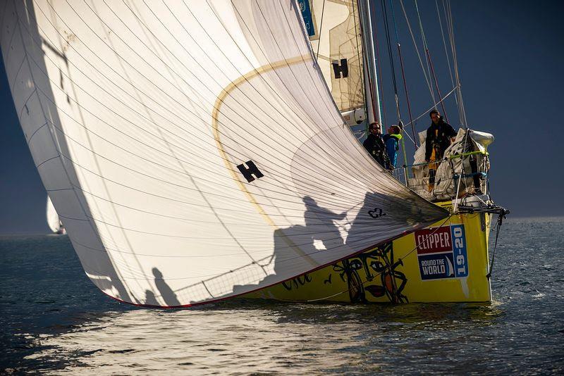 The Punta del Este team's bright yellow hull flies the flag for the Uruguayan resort as it rounds the first mark in second place photo copyright Clipper Ventures taken at  and featuring the Clipper 70 class