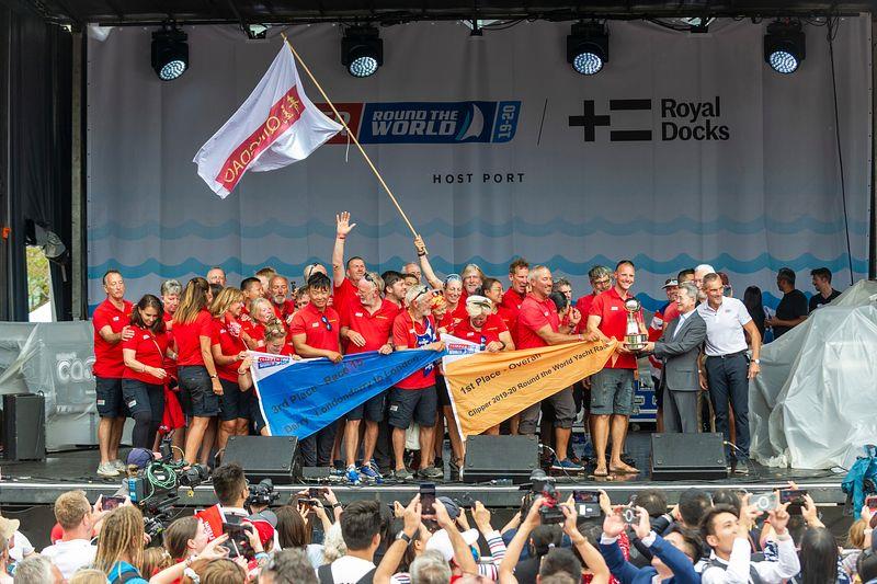 Qingdao team celebrating victory in the Clipper 2019-20 Race on stage in London's Royal Docks - photo © Jason Bye
