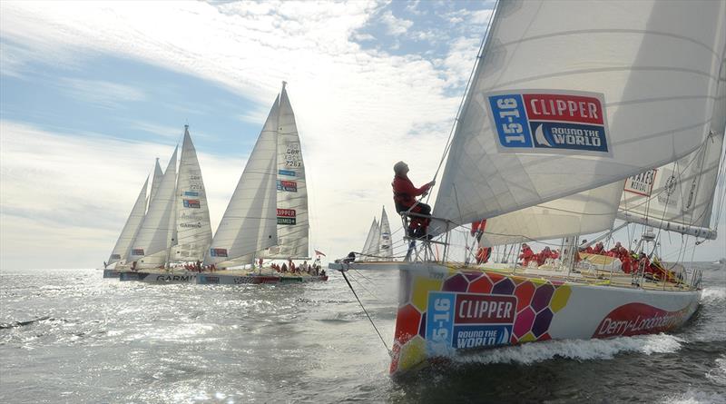 The city's team yacht lines up against the fleet in 2016 photo copyright Bruce Sutherland / Clipper Race taken at  and featuring the Clipper 70 class