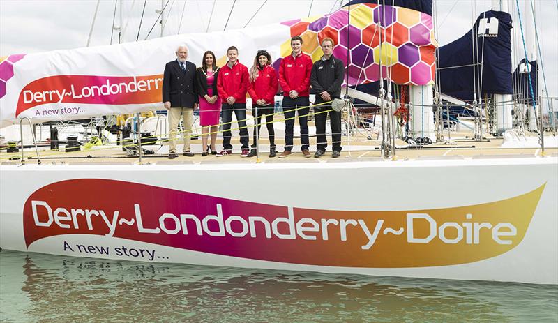 Sir Robin Knox-Johnston, Mayor McCallion, Jilly with Conor and David (Your Next Chapter bursary crew) and Skipper Daniel Smith in 2015 photo copyright Christopher Ison taken at  and featuring the Clipper 70 class