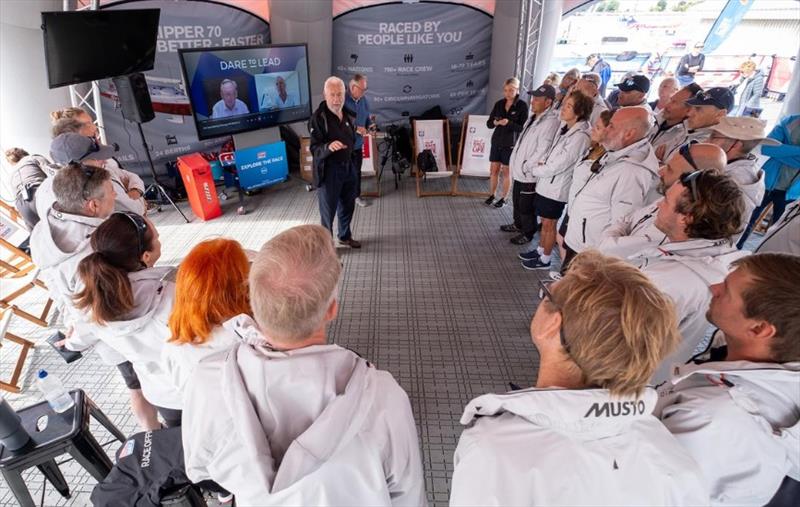 Dare To Lead crew receive a message from Sir Robin, and the Race Partner - Clipper 2023-24 Race Start photo copyright Clipper Race taken at  and featuring the Clipper 70 class