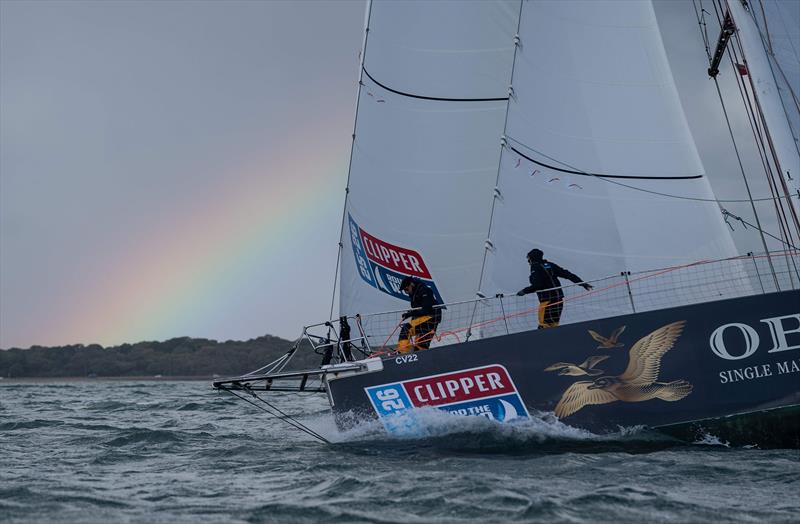 A rainbow at the bow of Team Scotland as the Clipper 2025-26 Race gets underway photo copyright Clipper Ventures taken at  and featuring the Clipper 70 class