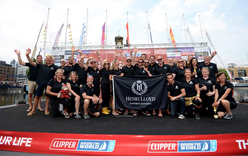 Members of the Henri Lloyd team celebrate winning the overall race on the podium after the Clipper Round the World Race Finish in London - photo © EMPICS Sport