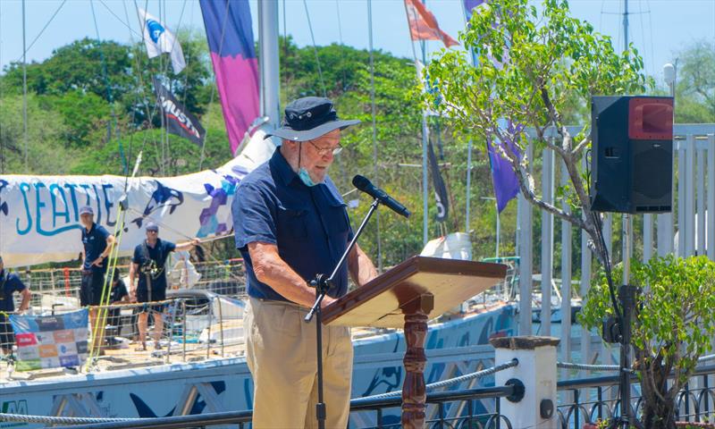 Sir Robin Knox-Johnston gives farewell remarks to the race crew photo copyright Clipper Ventures taken at  and featuring the Clipper Ventures class