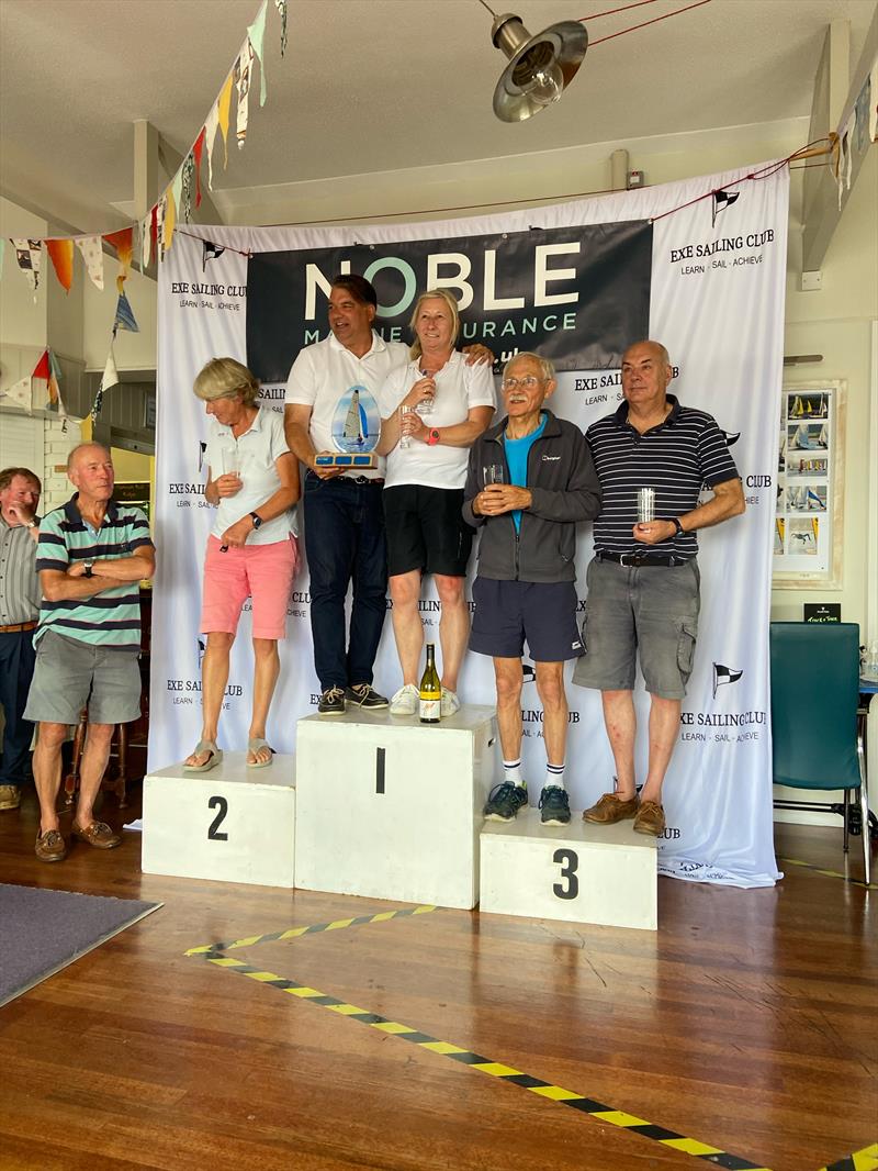 Comet Trio Nationals at Exe Mark 2 podium: 1st Ade & Tracie Padro, 2nd Andrew & Caroline McAusland, 3rd Guy Farrant & Graham Sykes photo copyright Tracie Padro taken at Exe Sailing Club and featuring the Comet Trio class