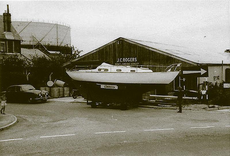 Circa 1964  One of the first Contessa 26 yachts outside the original  JC Rogers factory in Gosport Street, Lymington - photo © Rogers Archive / PPL