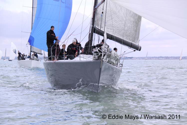 The two Farr 45s, 'RAN' & 'Kolga', close together on the first downwind leg on week 1 of the Warsash Spring Series photo copyright Eddie Mays taken at Warsash Sailing Club and featuring the Farr 45 class
