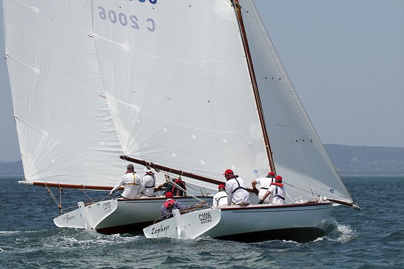 Zephyr skippered by Max Chester and The Barra skippered by Howard Critchley make their way to the hitch mark. - photo © A.J. McKinnon