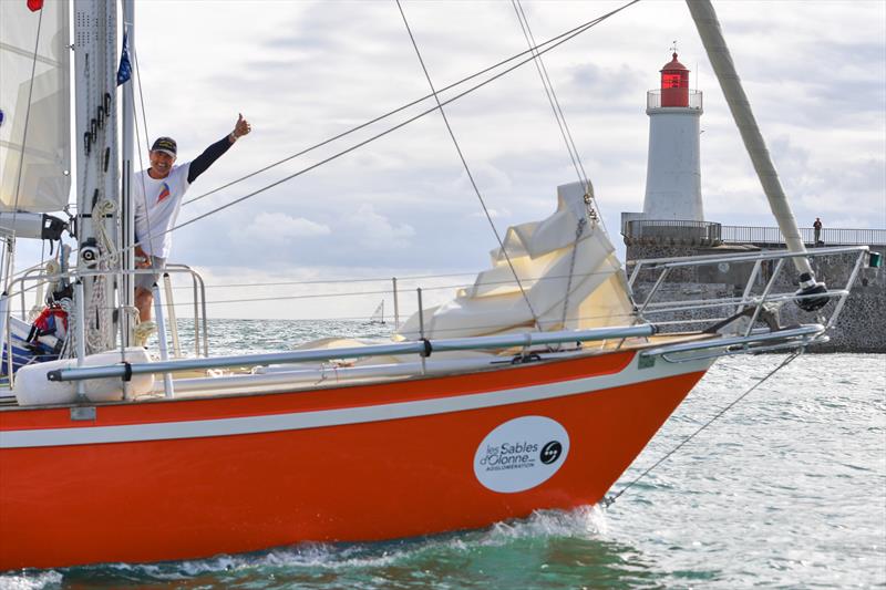 SITRaN Challenge Race from Falmouth to Les Sables d'Olonne - Istvan Kopar (USA) 'Puffin' crosses the finish line  photo copyright Christophe Favreau / PPL / GGR taken at  and featuring the Cruising Yacht class