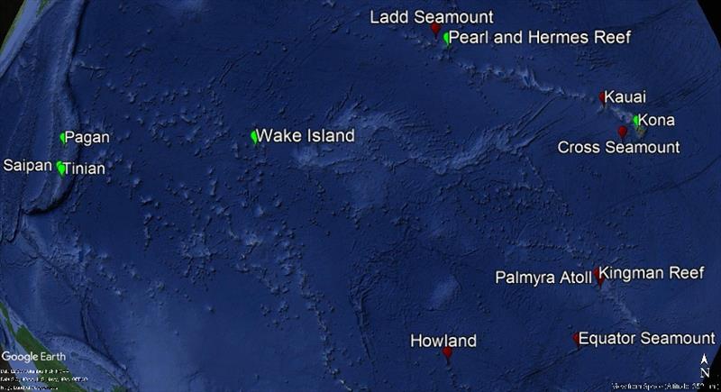 A map of the Pacific Islands region with the HARP recording locations marked. Red are previous HARP sites, green are currently active HARP sites (October 2018). - photo © NOAA Fisheries