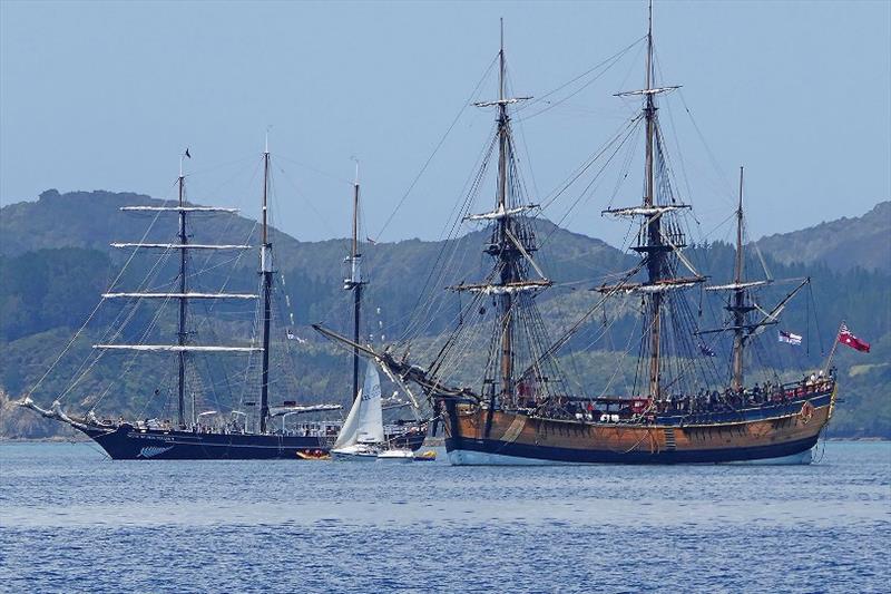 Youth Ship Spirit of New Zealand and HMB Endeavor off Paradise Bay in the Bay of Islands, New Zealand - photo © Lisa Benckhuysen