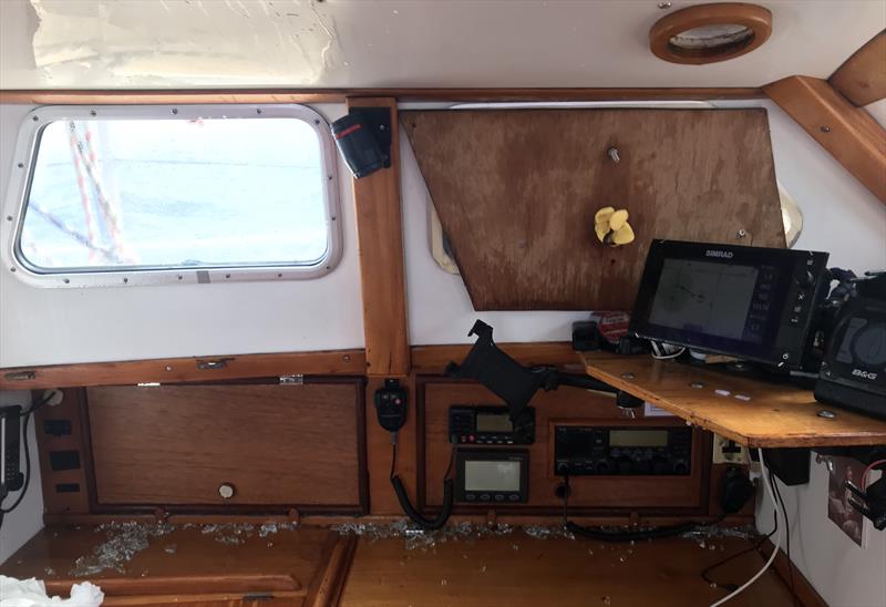 Broken plexiglass and sodden electronics on Moli's nav station during his first attempt at his Figure 8 Voyage- photo © Image courtesy of Randall Reeves