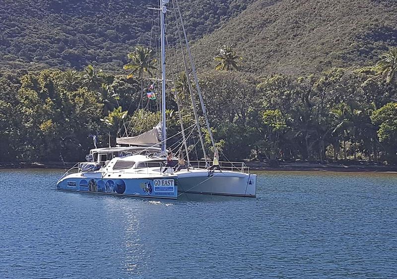 Distant shot of the 3 of us doing yoga on the bow photo copyright Leanne Hembrow taken at  and featuring the Cruising Yacht class