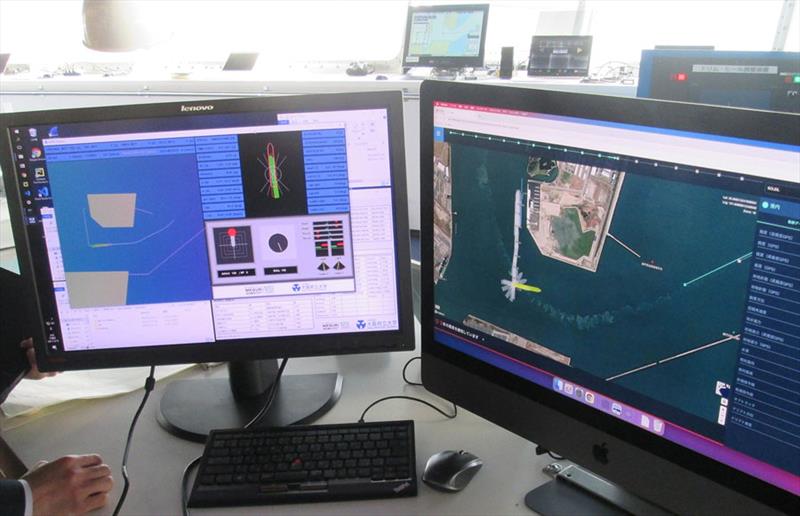 Automated berthing/unberthing system monitor (left) and navigation monitor (right) - photo © MHI Group