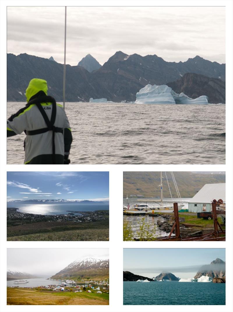 Clockwise from top: Approaching Storø Island, Greenland; tied to a wharf at Seyðisförður, Iceland; inland waterway north of Tasillaq, Greenland; view over Seyðisförður, Iceland; looking across the bay at Húsavík, Iceland photo copyright William Strassberg taken at Cruising Club of America and featuring the Cruising Yacht class