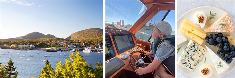 From left: Cruising destination Southwest Harbor, ME; The best seat in the house; Tasty provisions for a fabulous afternoon aboard Andiamo - photo © Hinckley Yachts