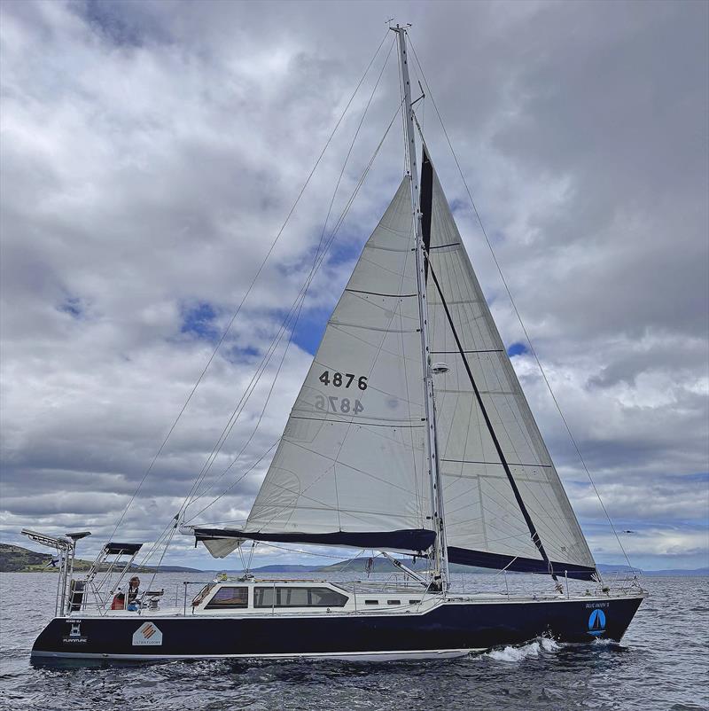 Note the drone just off and above the bow of Blue Moon II during the send off - photo © Jack Allison